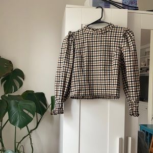 Zara Plaid Cropped Puff Sleeved Blouse